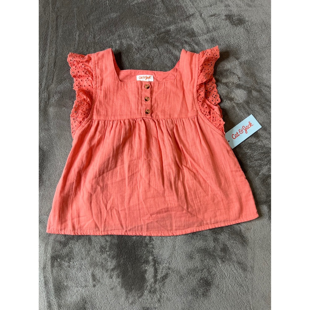 Cat & Jack Girls Orange Cotton Eyelet Flutter Sleeve Top Size S 6/7 NWT